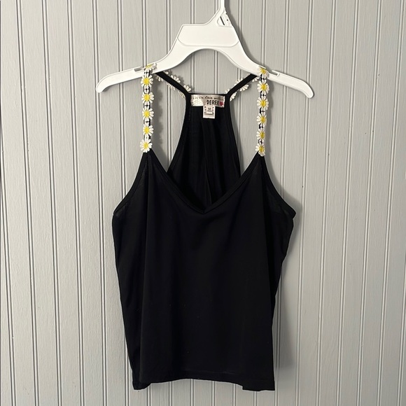 Im In Love With Derek Tops - Black and Yellow Open Back Tank Top With Floral Straps | Medium